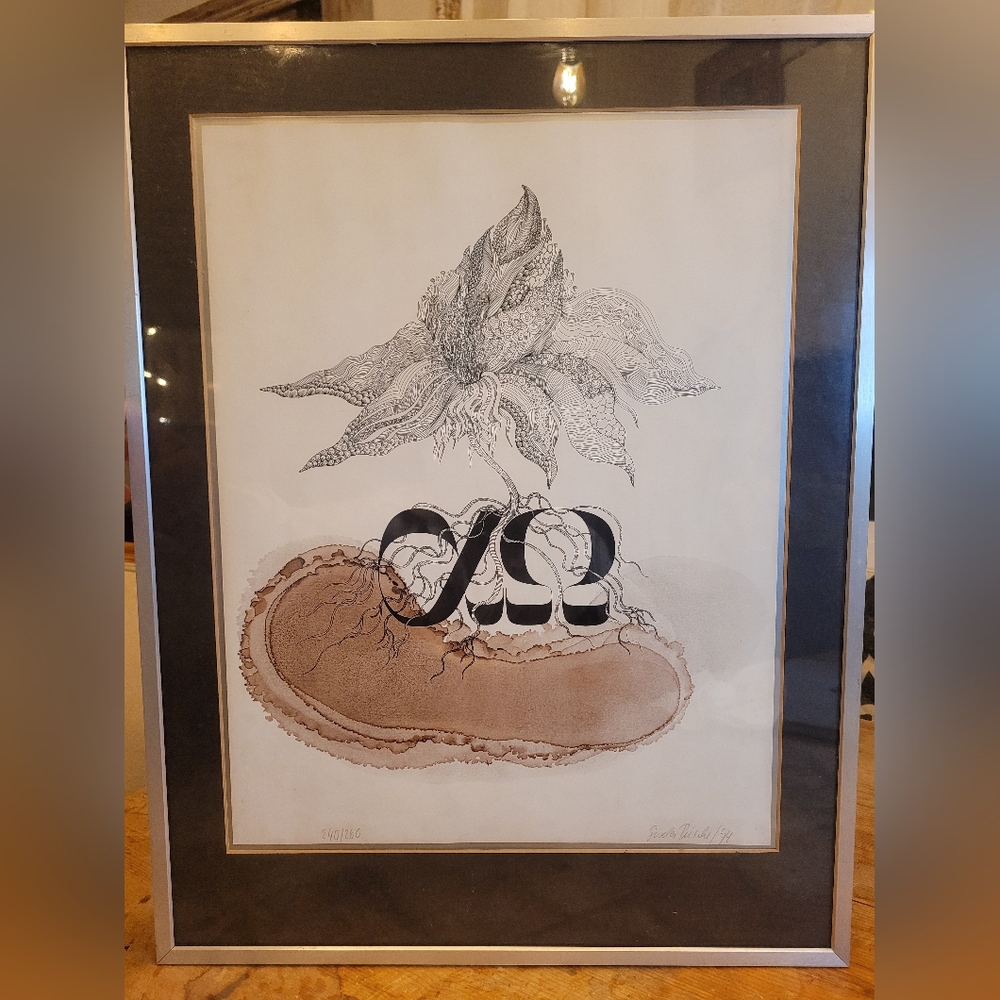 Famed Surrealist Original art signed by "Gisela Reiche" dated 1974 Metal Frame